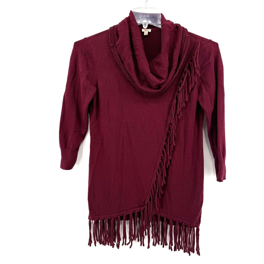 REBA Burgundy Cowl Neck Fringe Tunic Sweater Women's Size Small - Picture 8 of 9